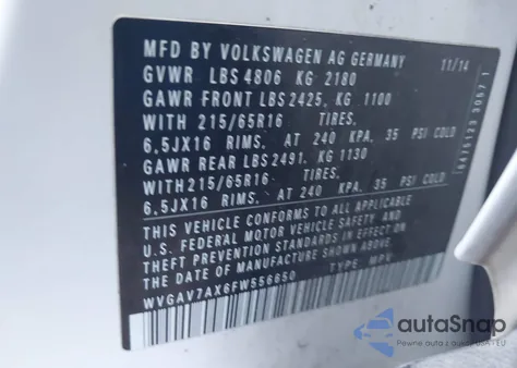 2015 Volkswagen Tiguan S z USA, uszkodzony, nr VIN WVGAV7AX6FW556650